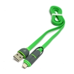 Кабель PowerPlant Quick Charge 2A 2-в-1 flat USB 2.0 AM – Lightning/Micro 1m green